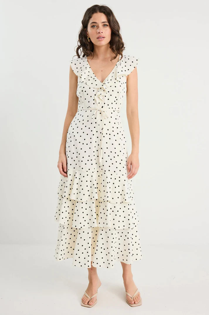 By Rosa Everly Cream Polka Dot Flutter Sleeve Tiered Maxi Dress
