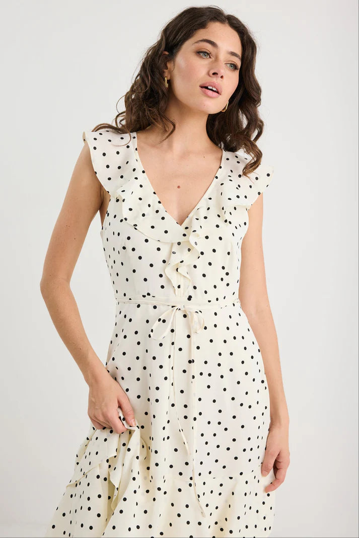 By Rosa Everly Cream Polka Dot Flutter Sleeve Tiered Maxi Dress