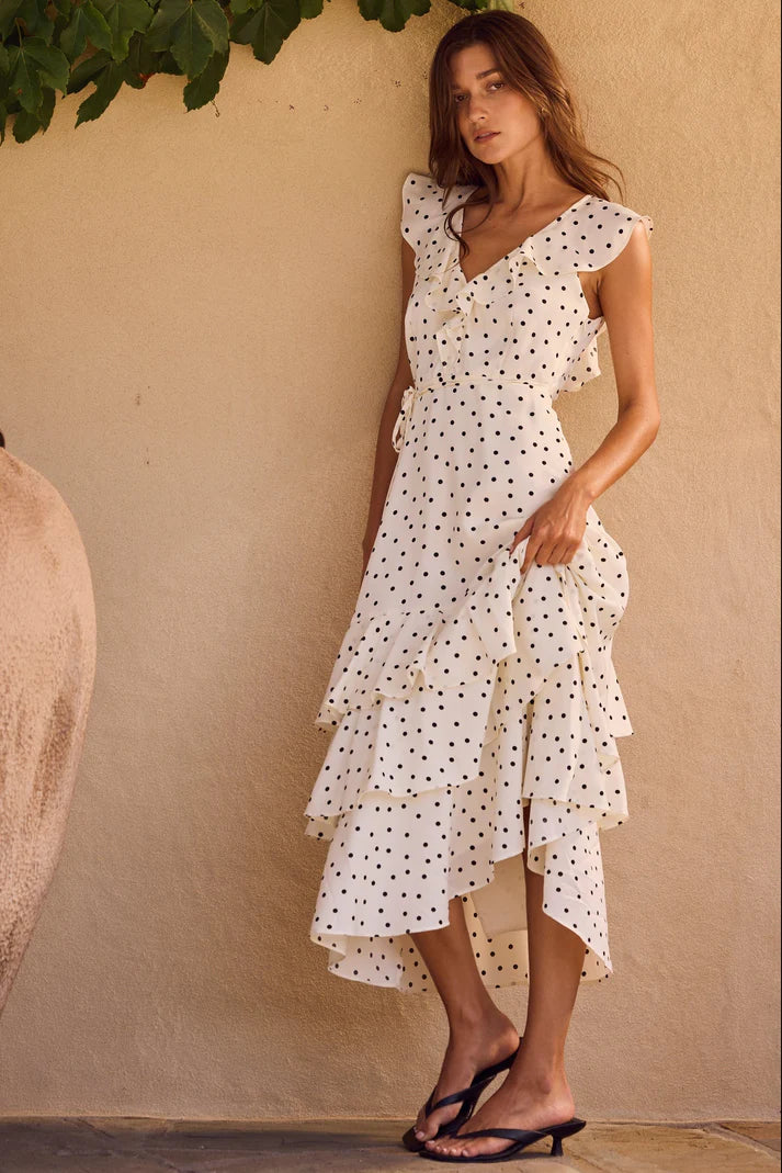 By Rosa Everly Cream Polka Dot Flutter Sleeve Tiered Maxi Dress