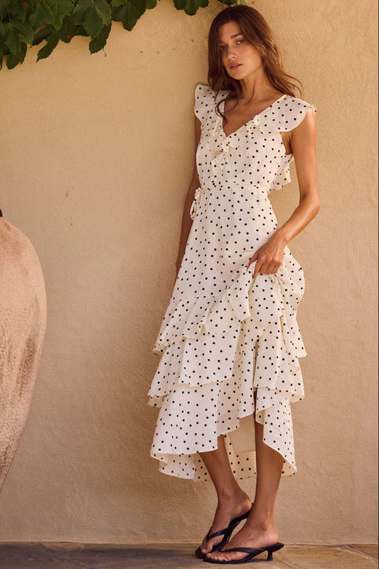 By Rosa Everly Cream Polka Dot Flutter Sleeve Tiered Maxi Dress