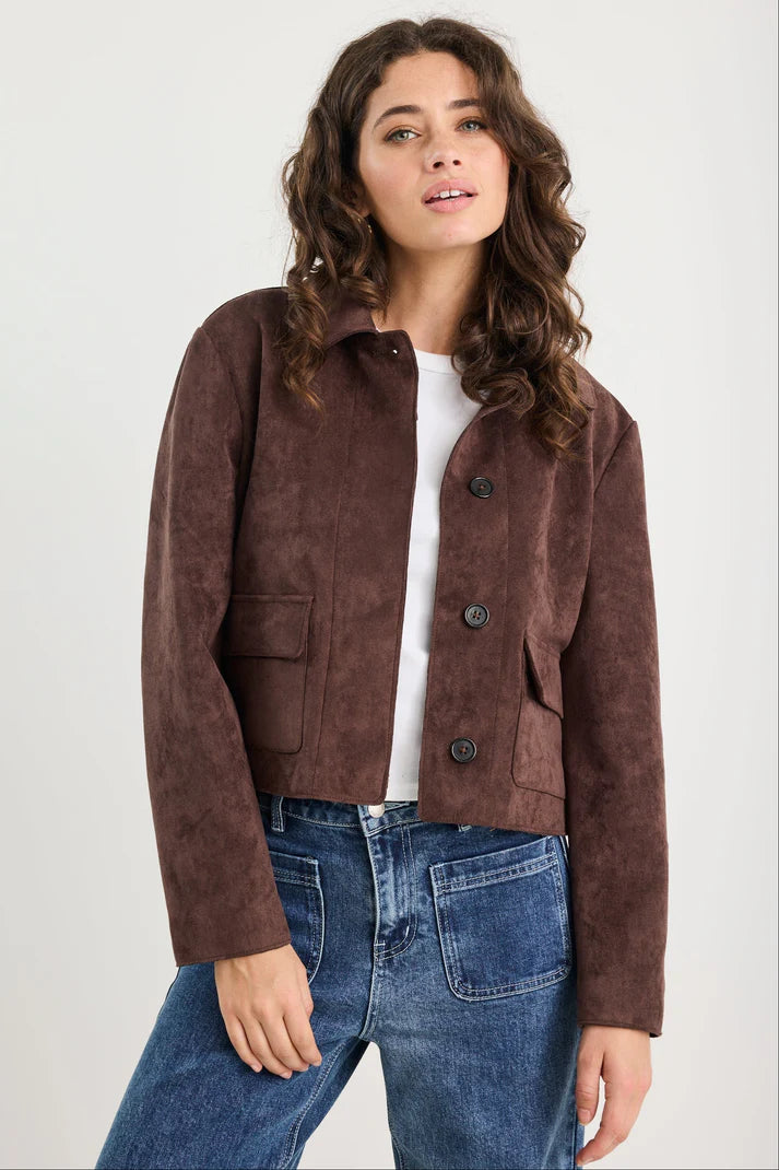 Among The Brave Exhibit Chocolate Mock Suede Button Front Cropped Jacket