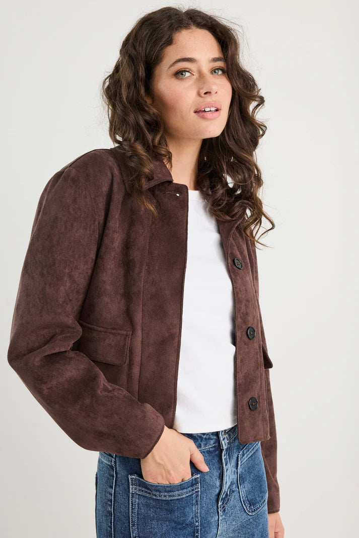 Among The Brave Exhibit Chocolate Mock Suede Button Front Cropped Jacket
