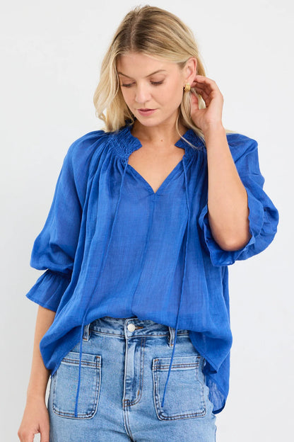Among The Brave Expedition Blue Shirred Neck Short Sleeve Top