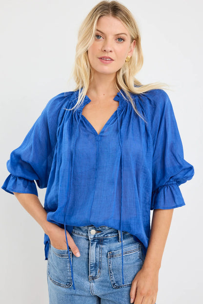 Among The Brave Expedition Blue Shirred Neck Short Sleeve Top
