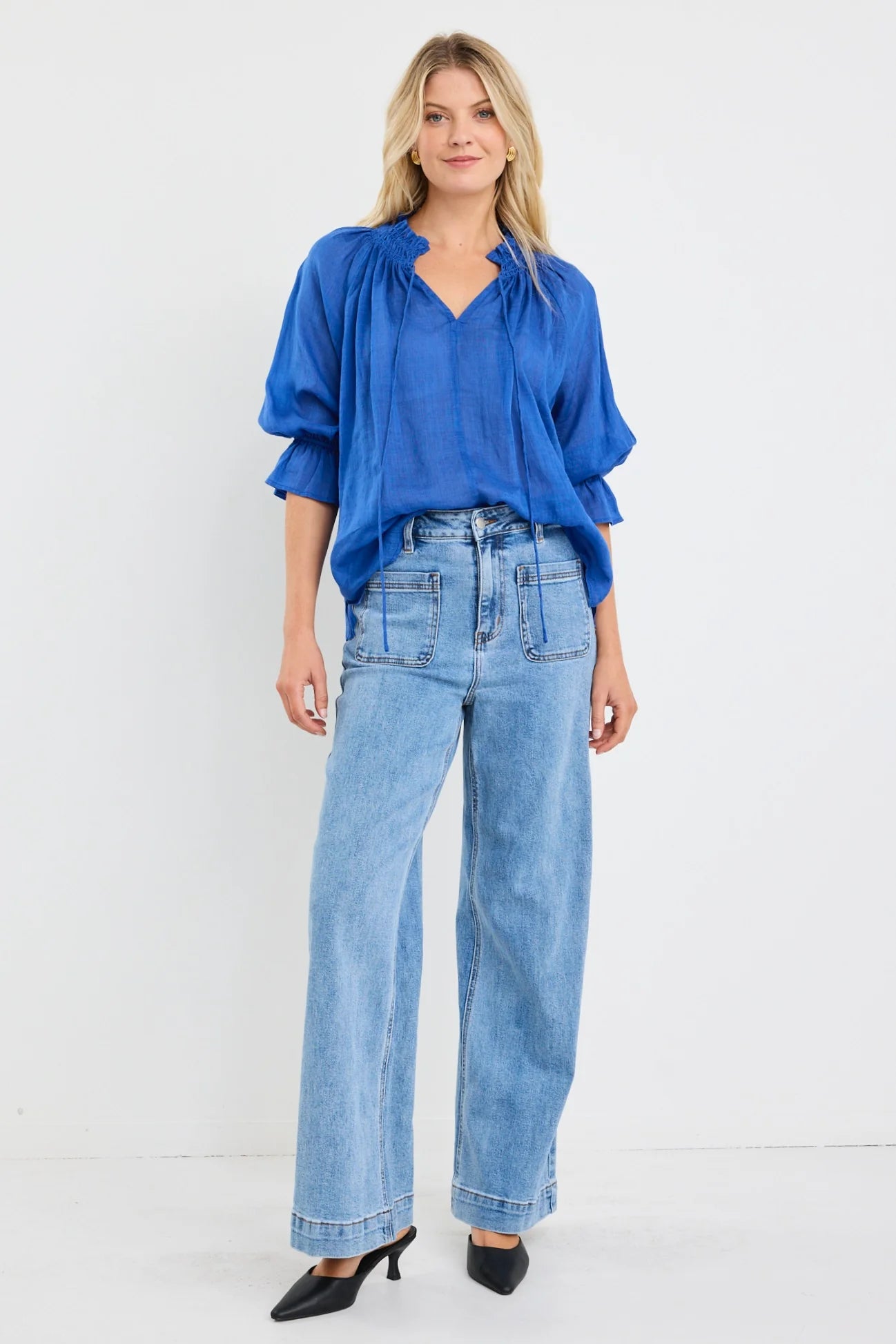 Among The Brave Expedition Blue Shirred Neck Short Sleeve Top