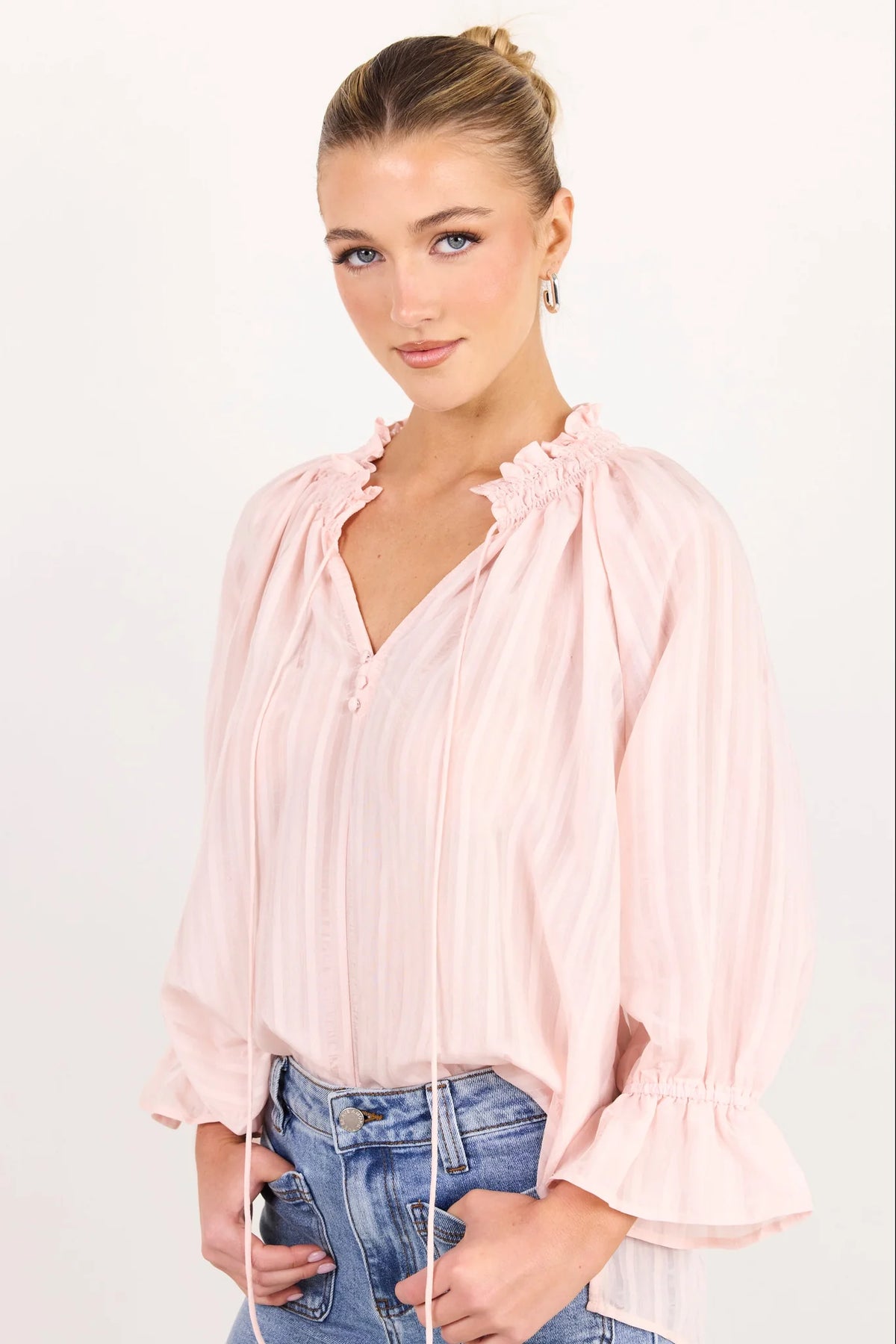 Among The Brave Expedition Blush Self Stripe Shirred Neck Short Sleeve Top