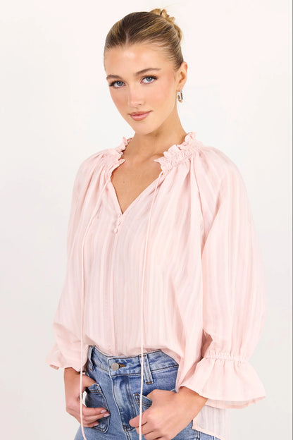 Among The Brave Expedition Blush Self Stripe Shirred Neck Short Sleeve Top