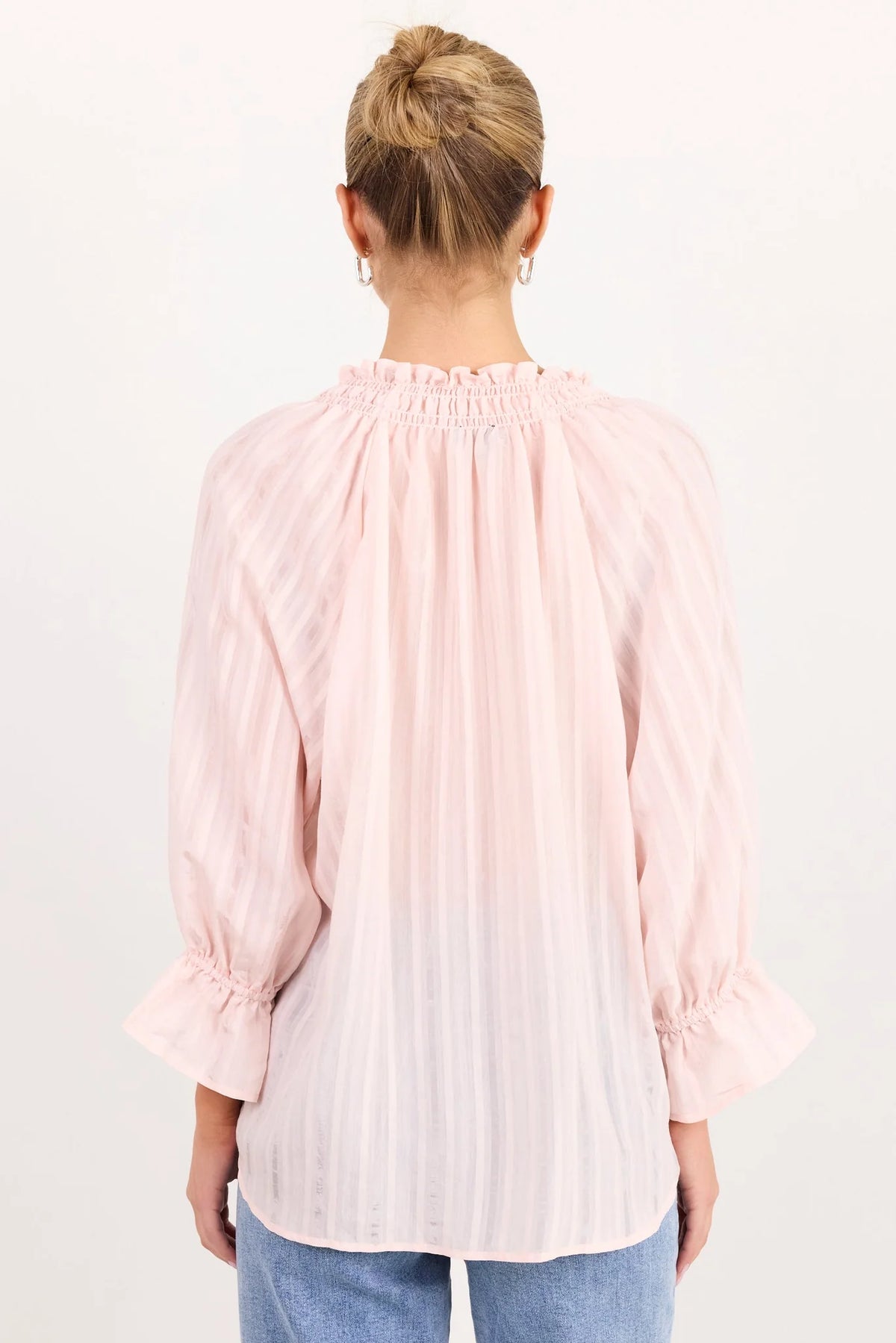 Among The Brave Expedition Blush Self Stripe Shirred Neck Short Sleeve Top