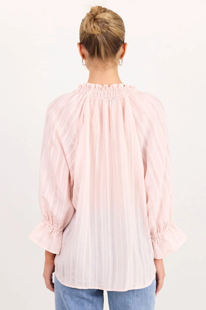 Among The Brave Expedition Blush Self Stripe Shirred Neck Short Sleeve Top
