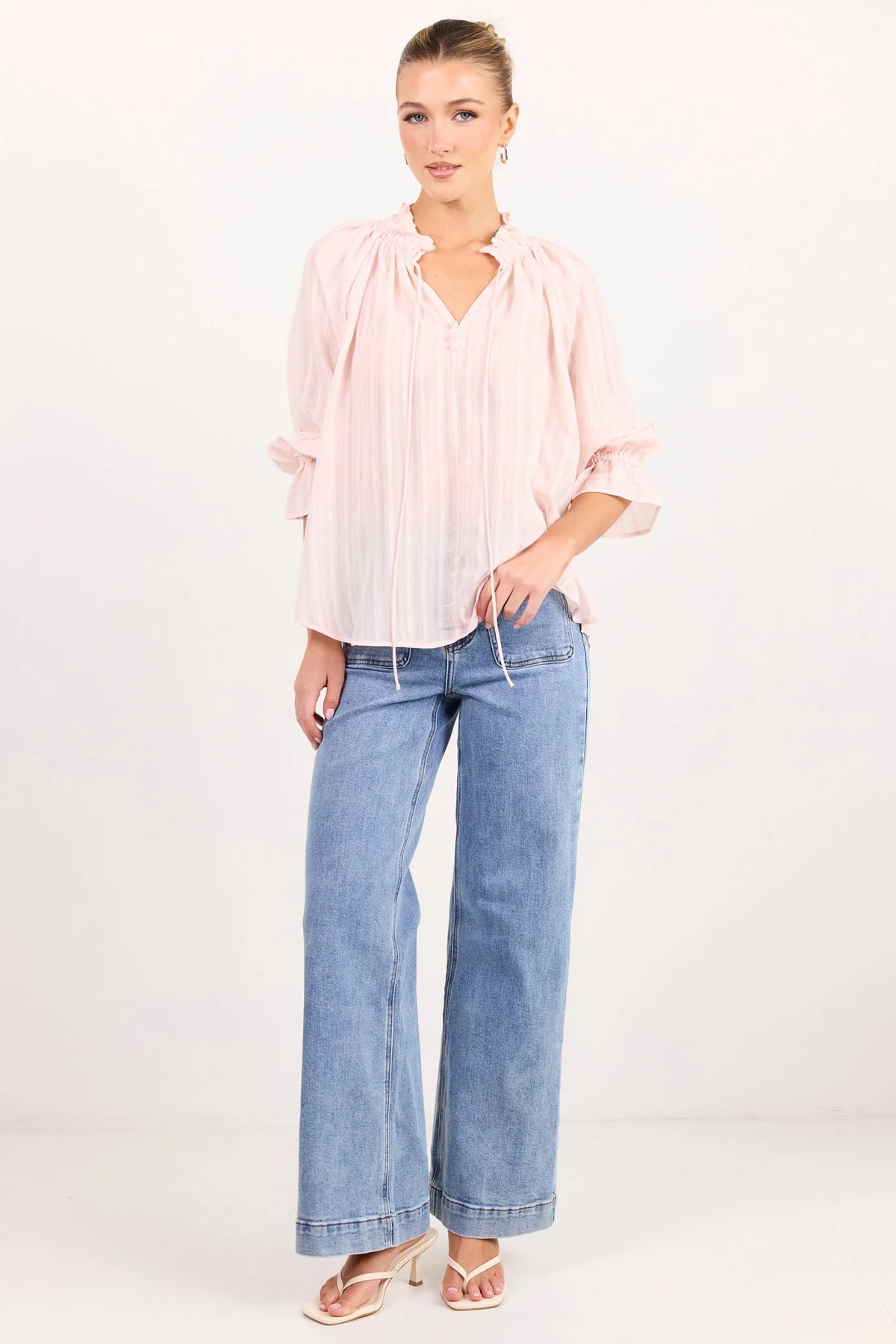 Among The Brave Expedition Blush Self Stripe Shirred Neck Short Sleeve Top