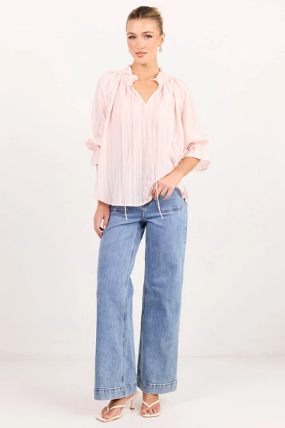Among The Brave Expedition Blush Self Stripe Shirred Neck Short Sleeve Top