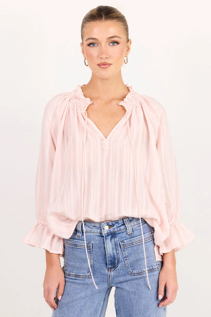 Among The Brave Expedition Blush Self Stripe Shirred Neck Short Sleeve Top