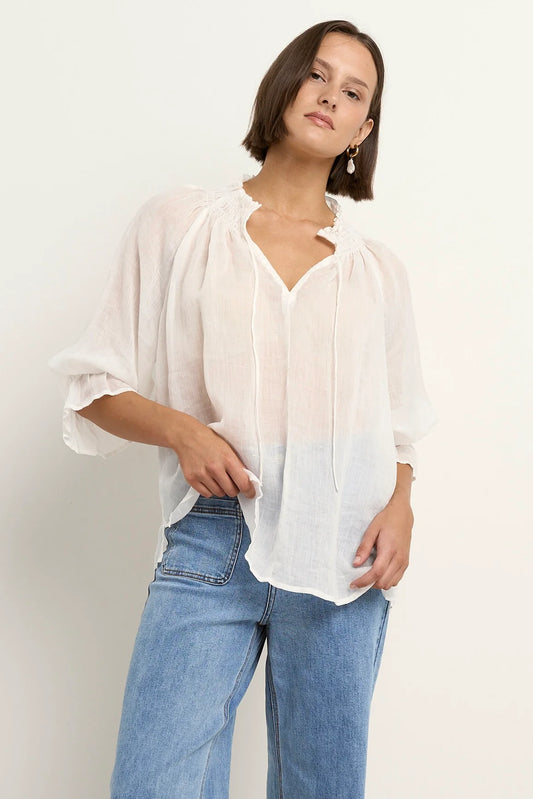 Among The Brave Ivory Ramie Shirred Neck Short Sleeve Top