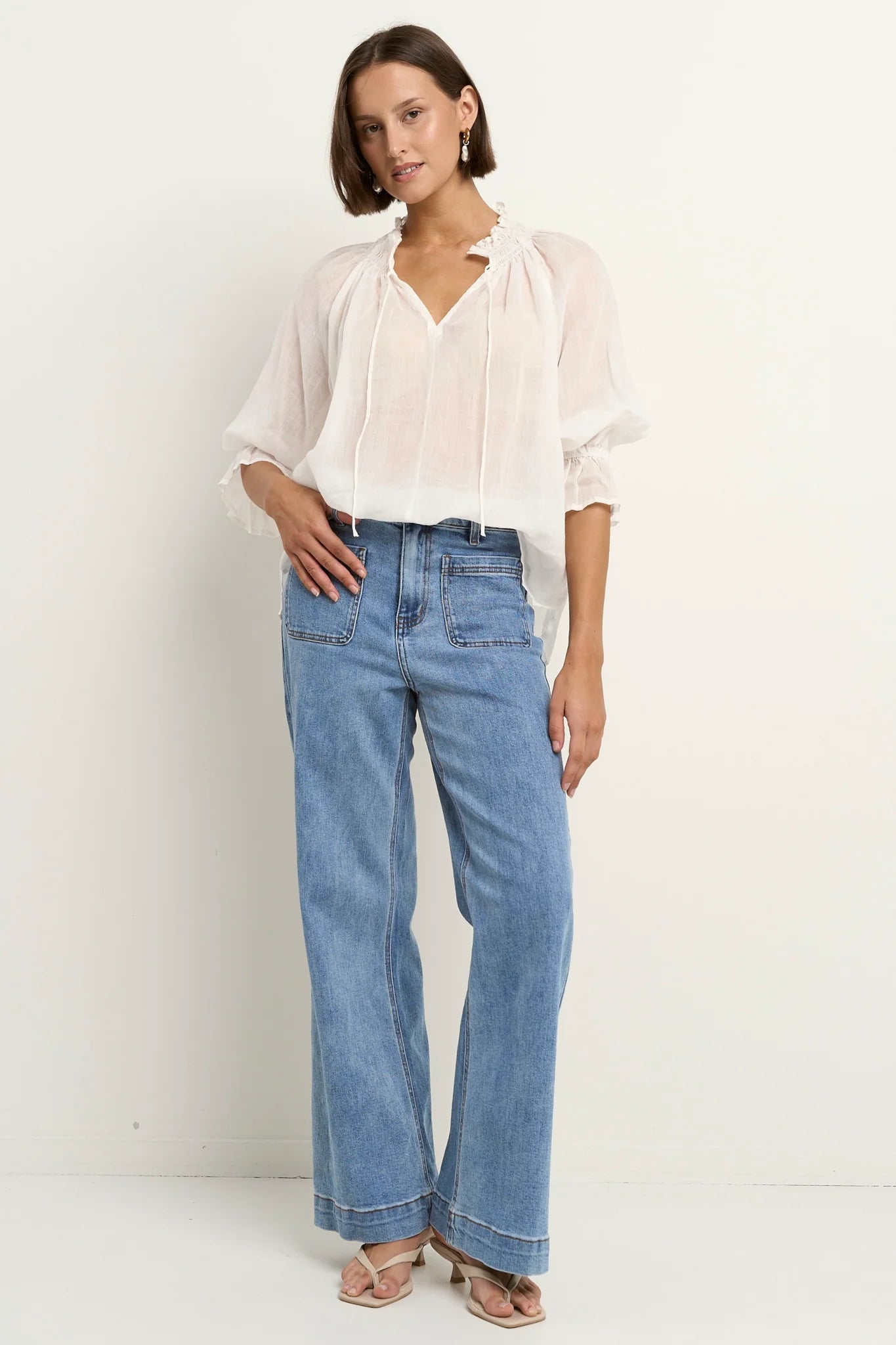Among The Brave Ivory Ramie Shirred Neck Short Sleeve Top