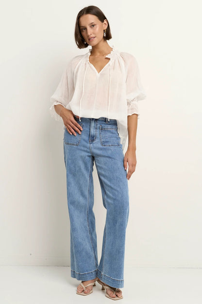 Among The Brave Ivory Ramie Shirred Neck Short Sleeve Top