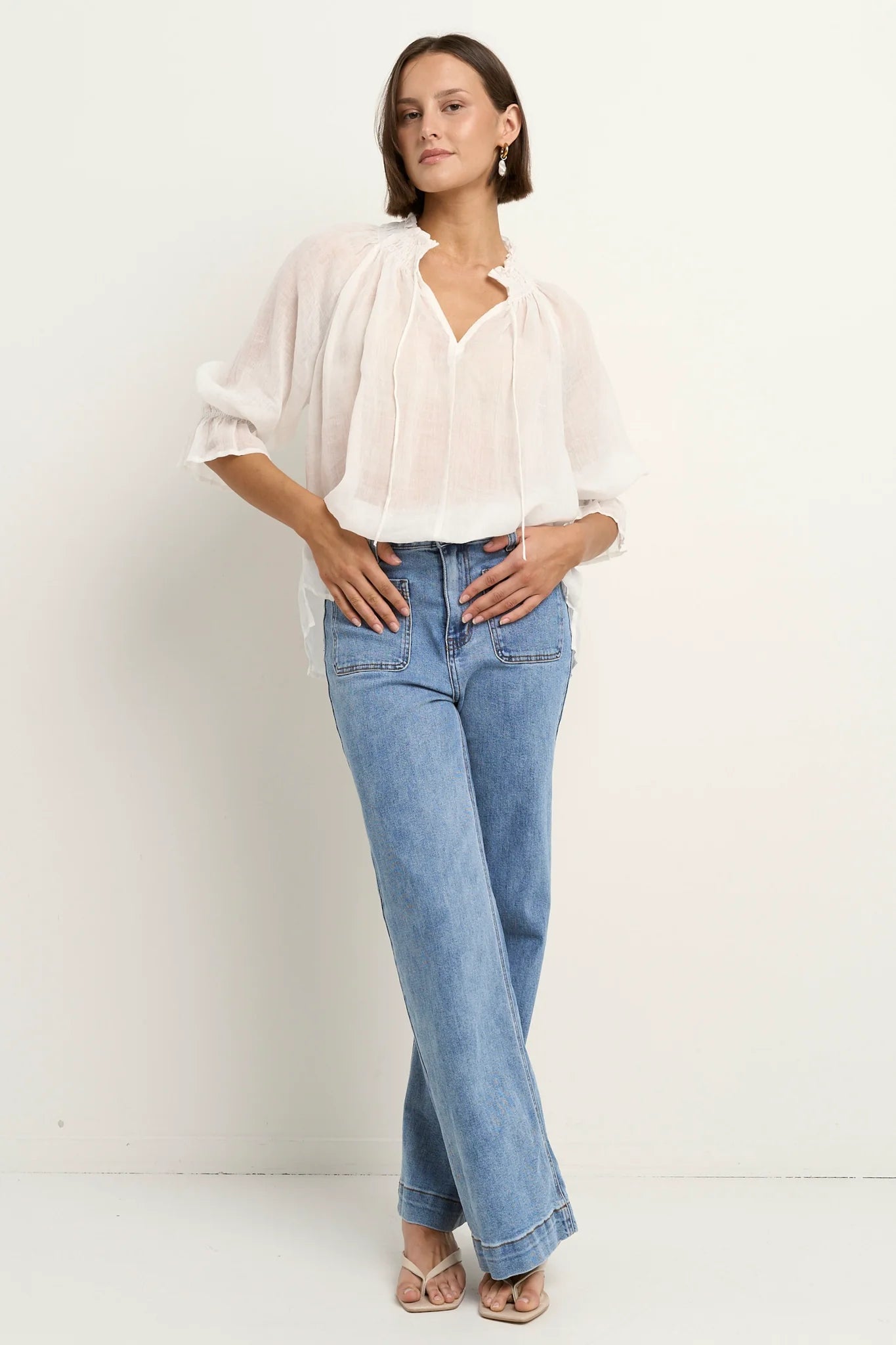 Among The Brave Ivory Ramie Shirred Neck Short Sleeve Top