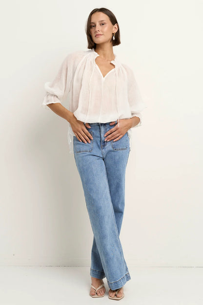 Among The Brave Ivory Ramie Shirred Neck Short Sleeve Top