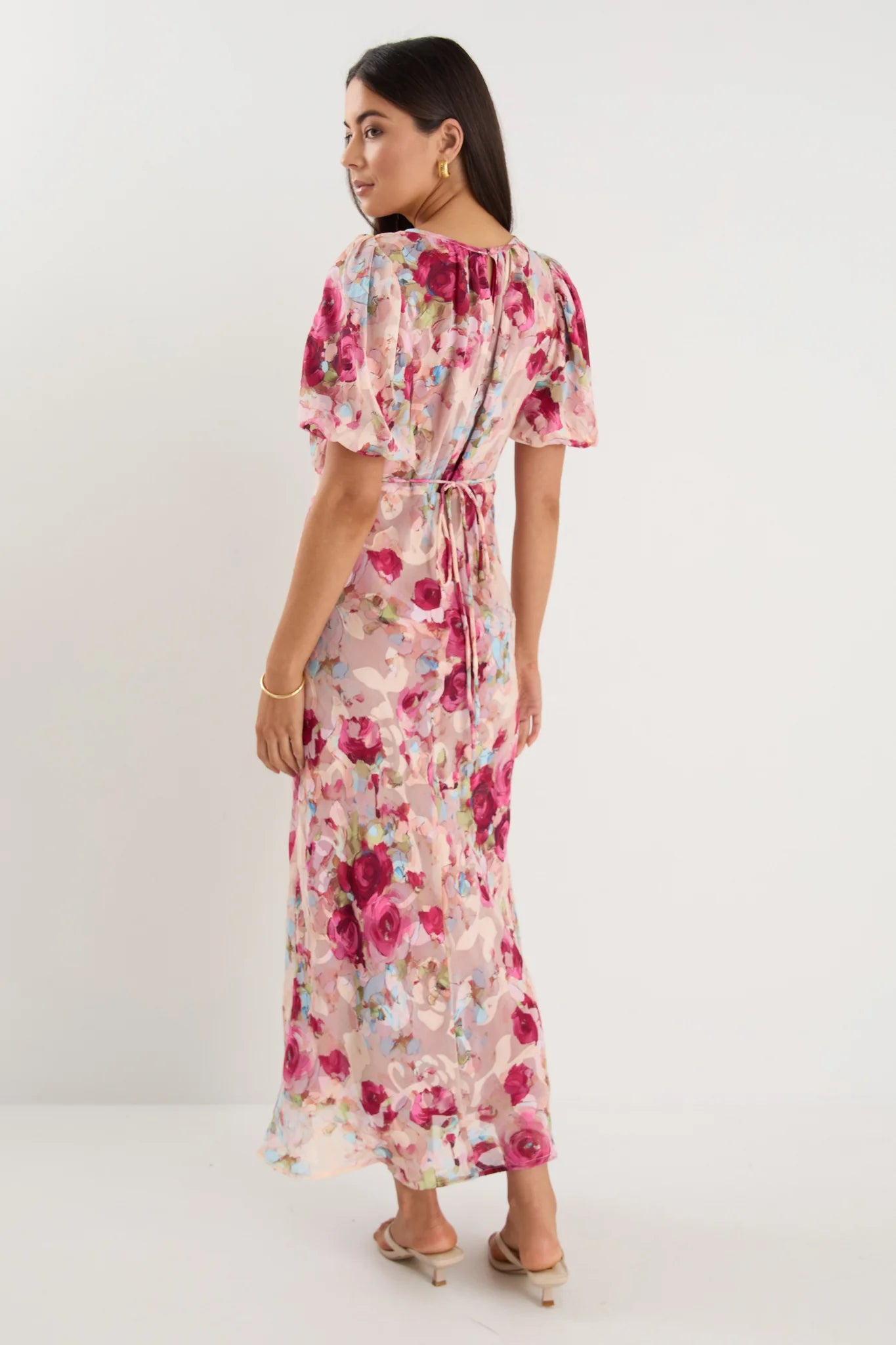 Georgia Zoe Exquisite Painted Rose Puff Sleeve Midi Dress
