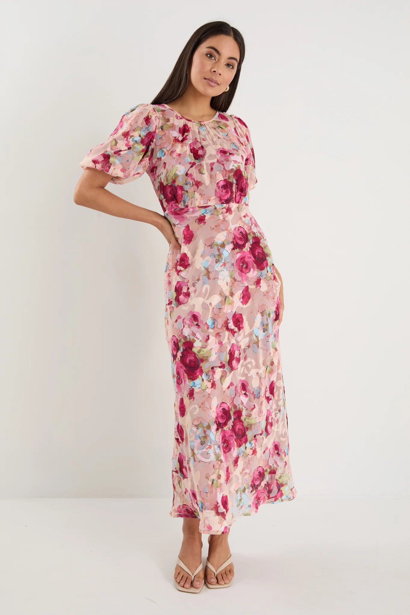 Georgia Zoe Exquisite Painted Rose Puff Sleeve Midi Dress