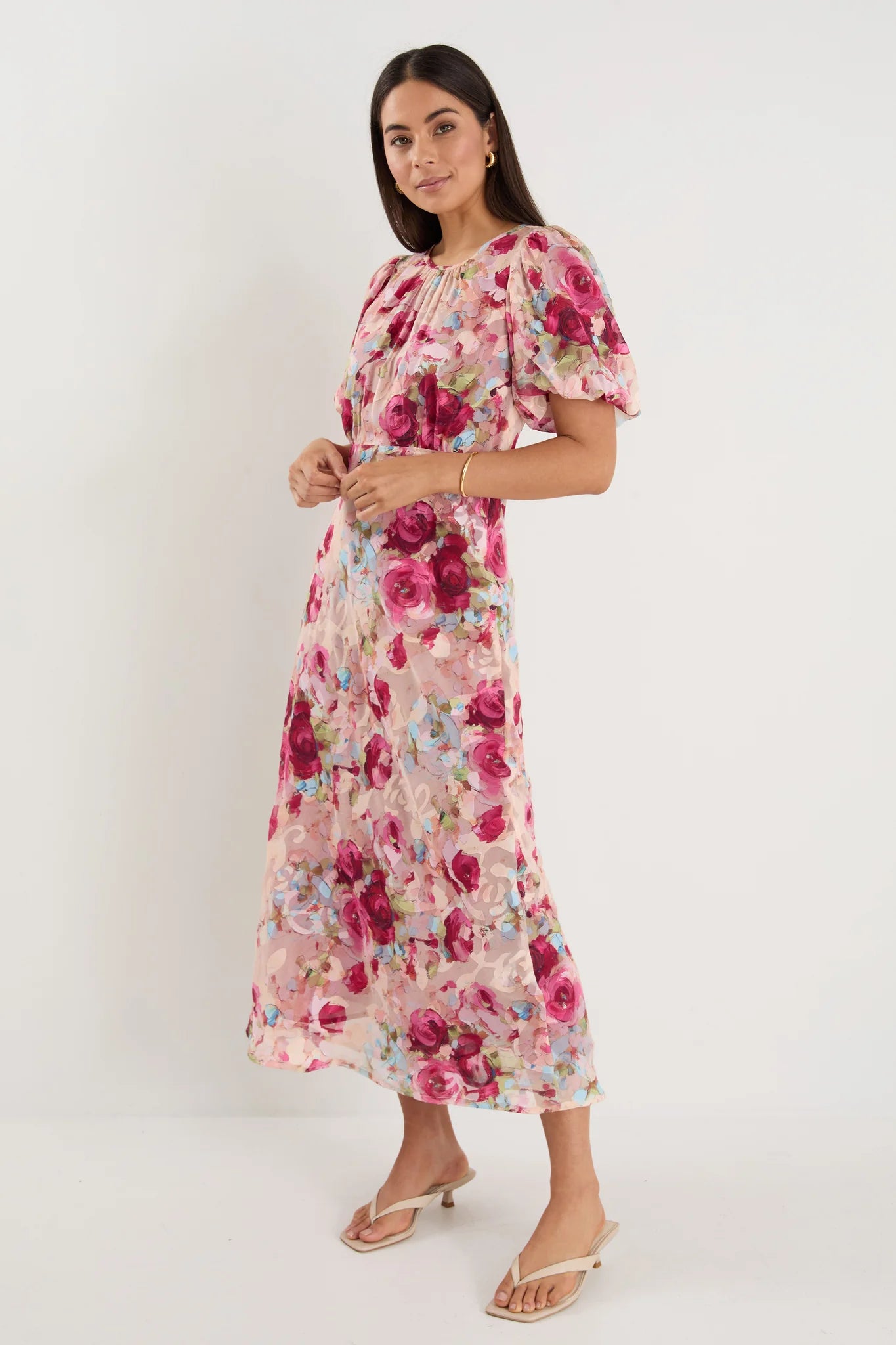 Georgia Zoe Exquisite Painted Rose Puff Sleeve Midi Dress