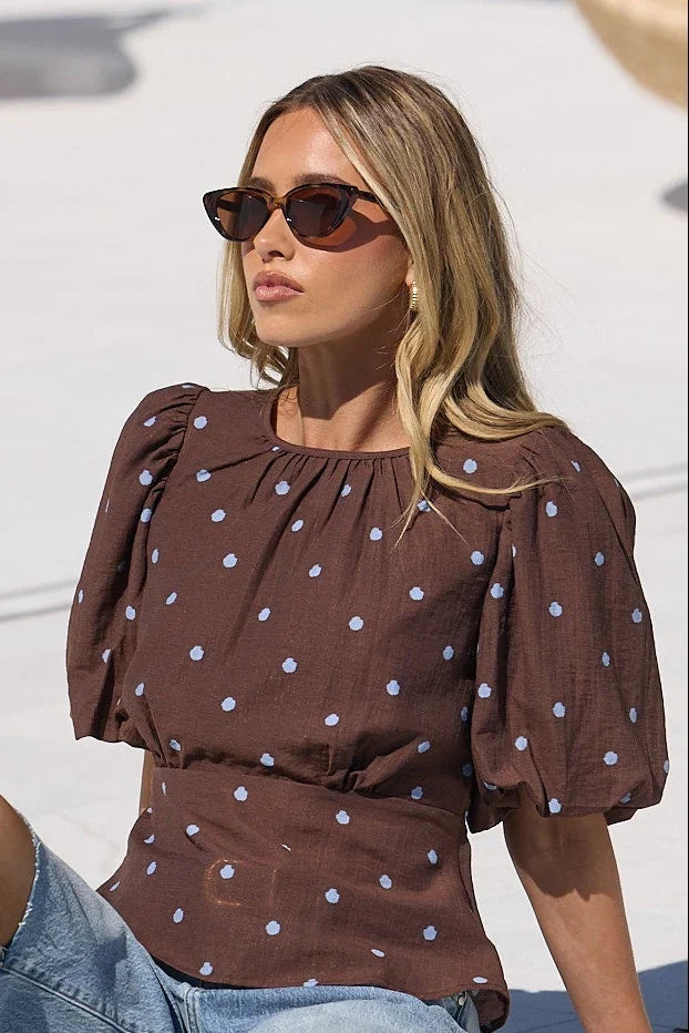 Stories Be Told Finali Mocha Blue Polka Dot Short Bubble Sleeve Top