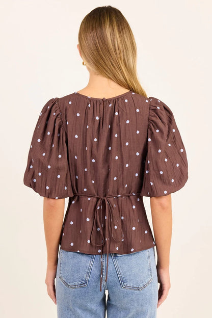 Stories Be Told Finali Mocha Blue Polka Dot Short Bubble Sleeve Top