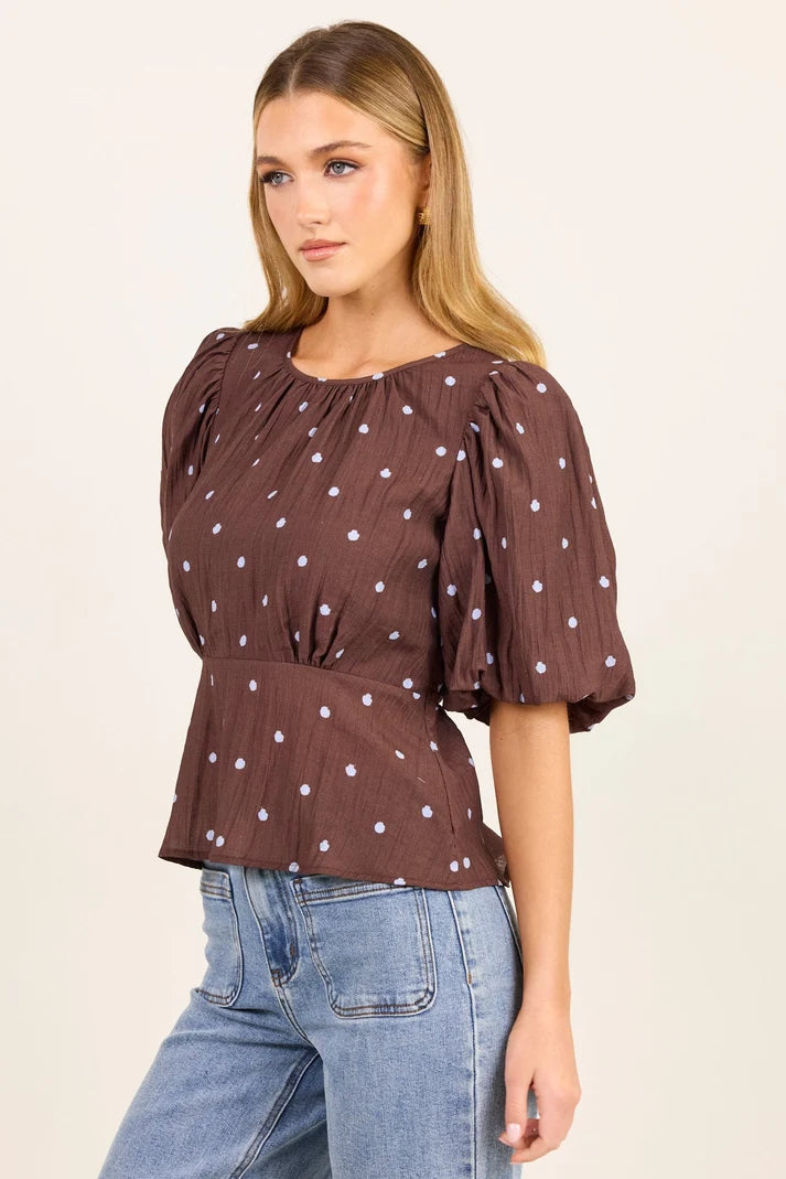 Stories Be Told Finali Mocha Blue Polka Dot Short Bubble Sleeve Top
