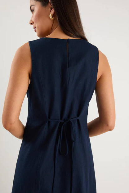 Stories Be Told Future Ink Linen Blend Sleeveless Stripe Trim Midi Dress
