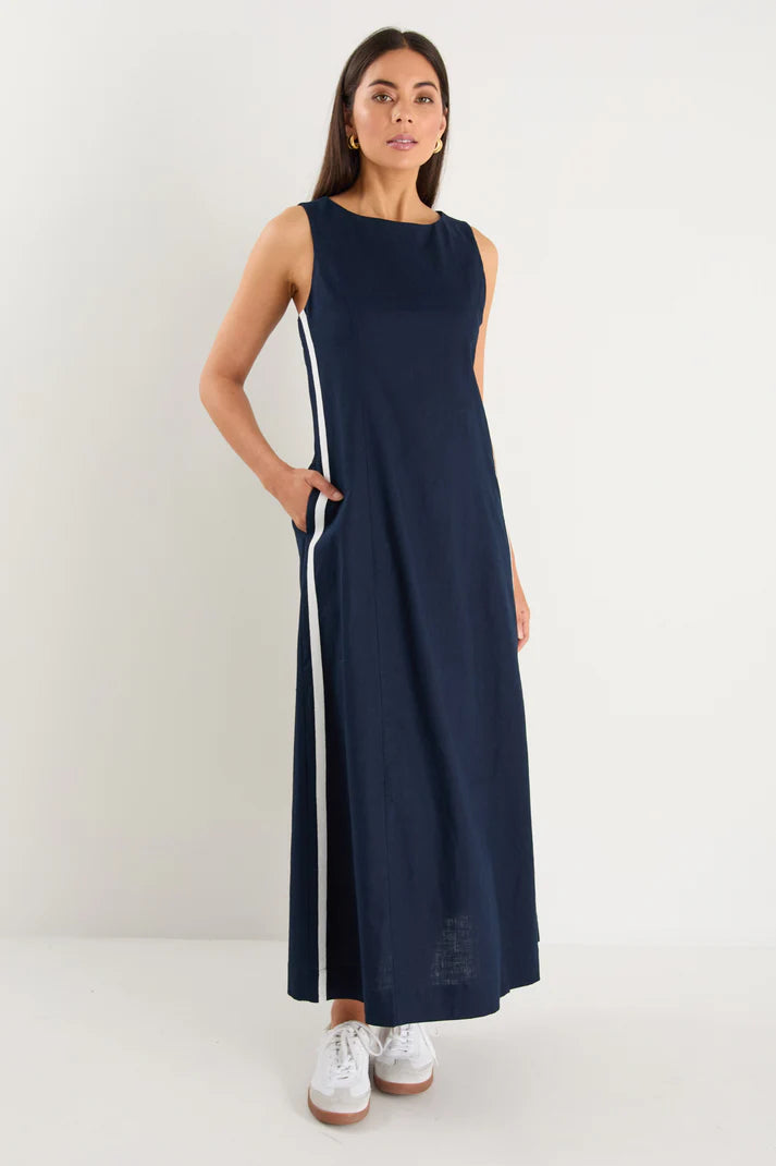 Stories Be Told Future Ink Linen Blend Sleeveless Stripe Trim Midi Dress
