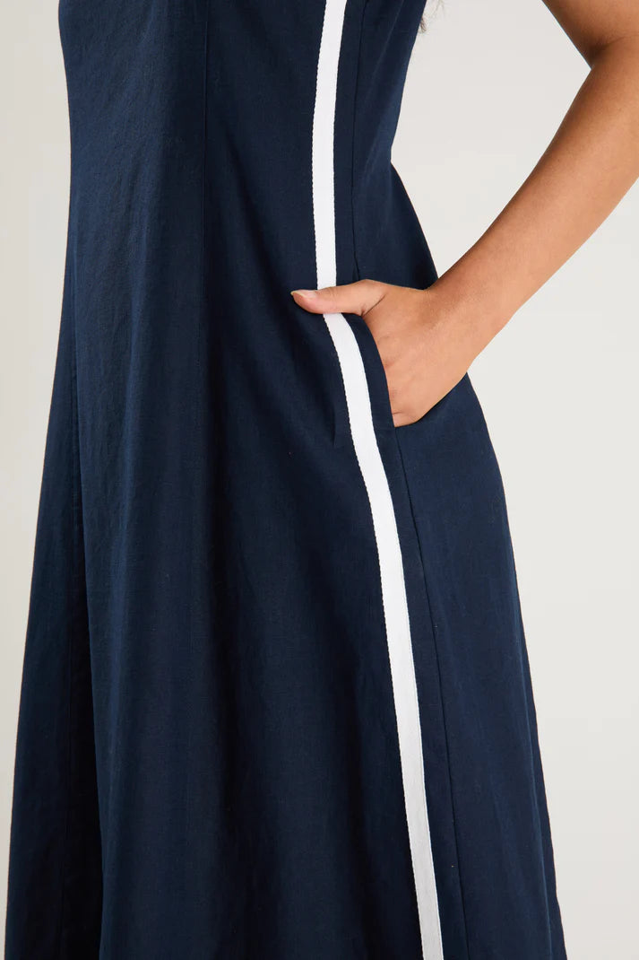 Stories Be Told Future Ink Linen Blend Sleeveless Stripe Trim Midi Dress