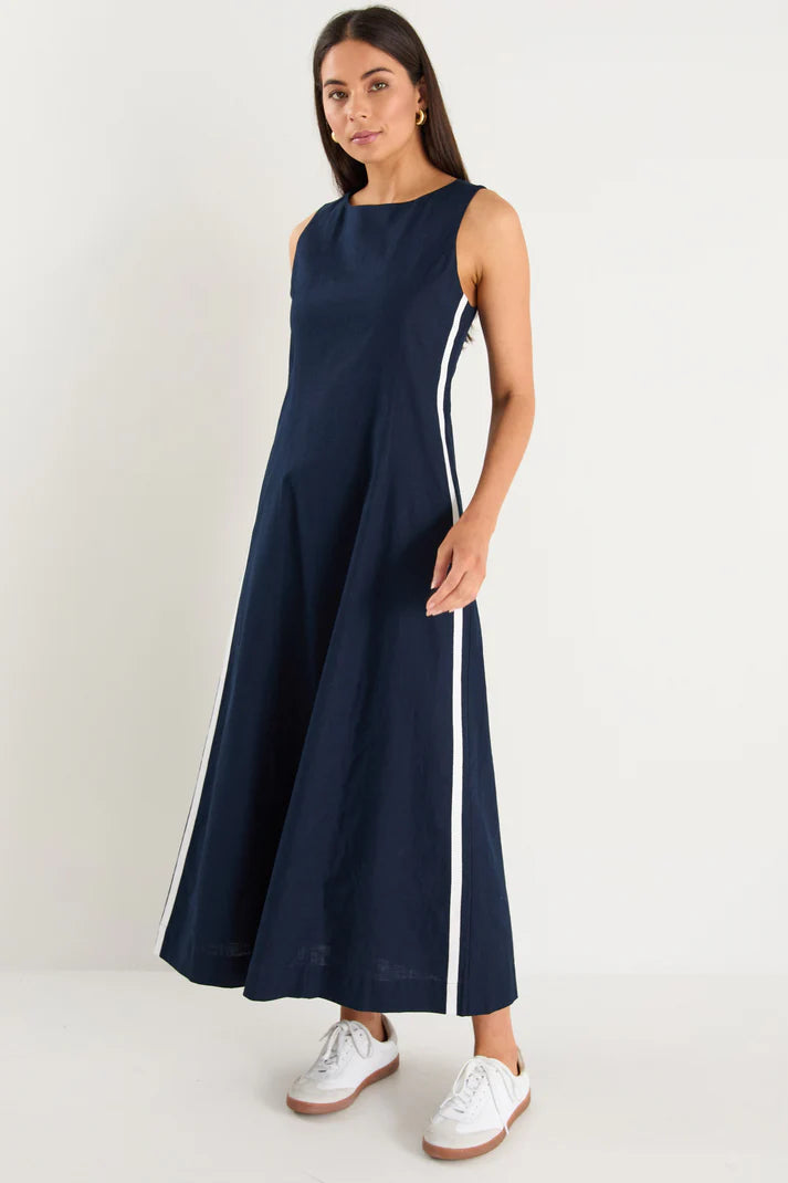 Stories Be Told Future Ink Linen Blend Sleeveless Stripe Trim Midi Dress