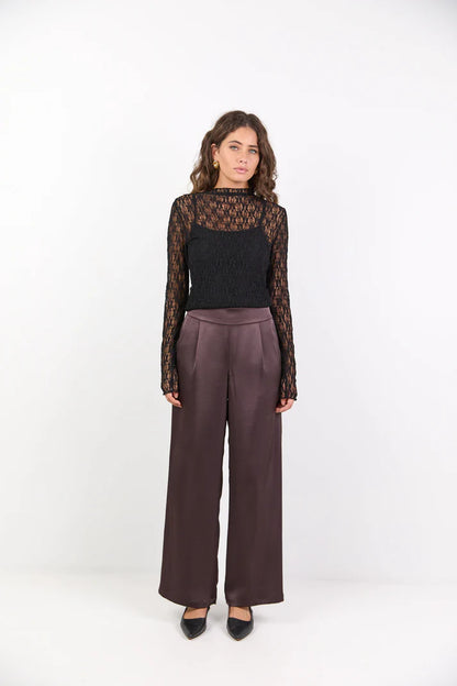 by.Rosa Grandeur Chocolate Satin Elastic Back Wide Leg Pant