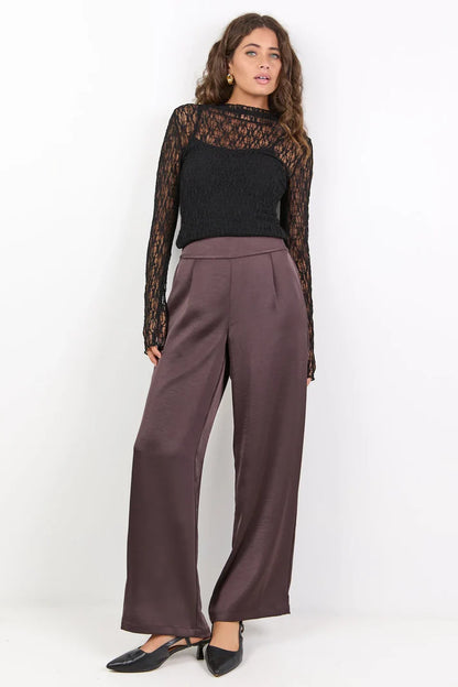 by.Rosa Grandeur Chocolate Satin Elastic Back Wide Leg Pant