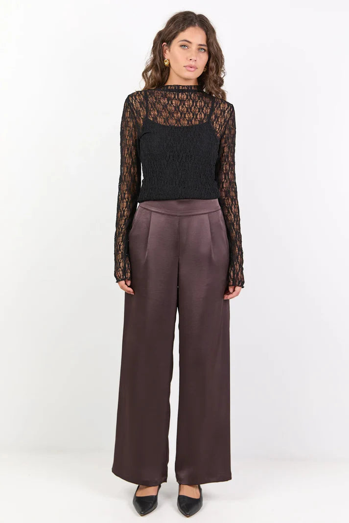 by.Rosa Grandeur Chocolate Satin Elastic Back Wide Leg Pant