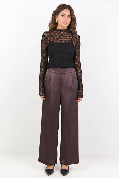 by.Rosa Grandeur Chocolate Satin Elastic Back Wide Leg Pant