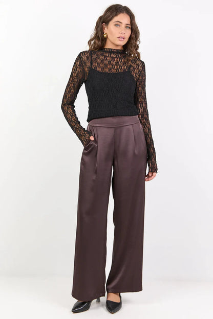 by.Rosa Grandeur Chocolate Satin Elastic Back Wide Leg Pant
