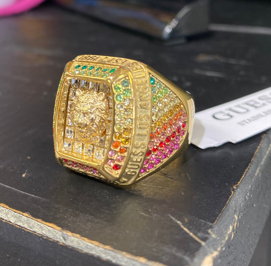 Guess Lion Pave Signet Ring in Crystal or Rainbow