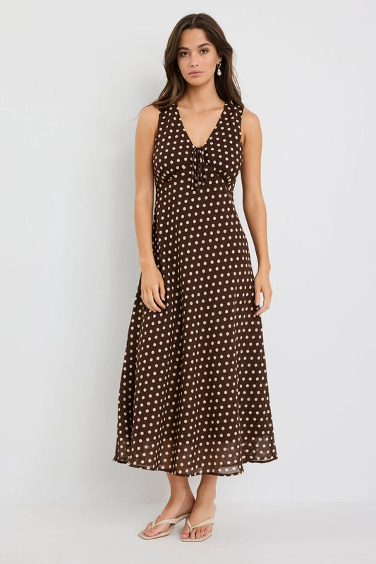 Among The Brave Infinity Chocolate Polka Dot Sleeveless Bias Midi Dress