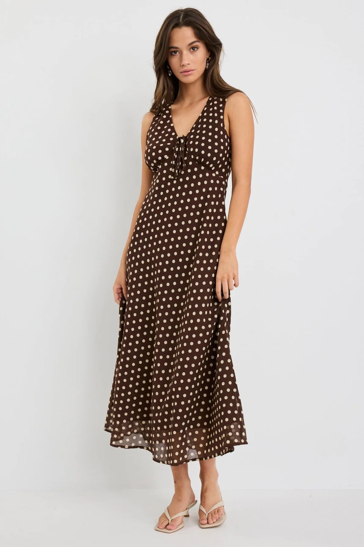 Among The Brave Infinity Chocolate Polka Dot Sleeveless Bias Midi Dress