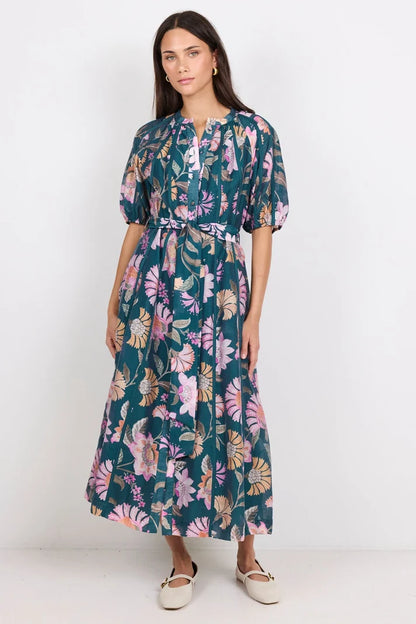 by Rosa Intuition Petrol Scarf Print Puff Sleeve Maxi Shirt Dress