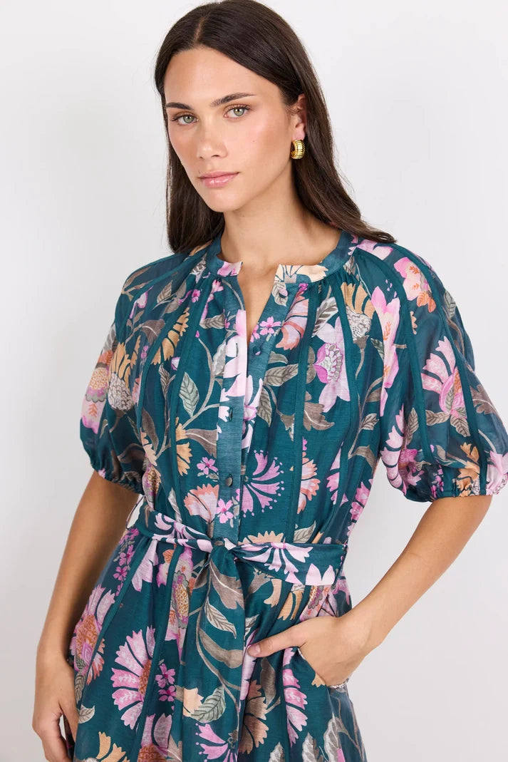 by Rosa Intuition Petrol Scarf Print Puff Sleeve Maxi Shirt Dress