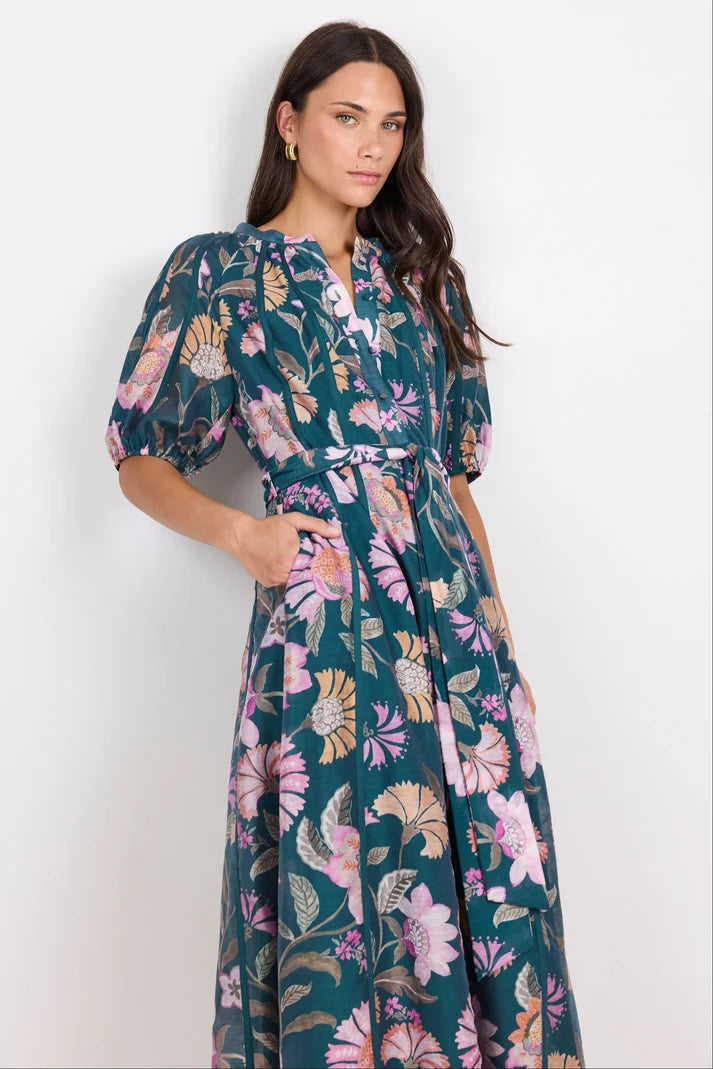 by Rosa Intuition Petrol Scarf Print Puff Sleeve Maxi Shirt Dress