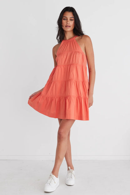 BY ROSA Levitate Watermelon High Neck Tiered Mini Dress