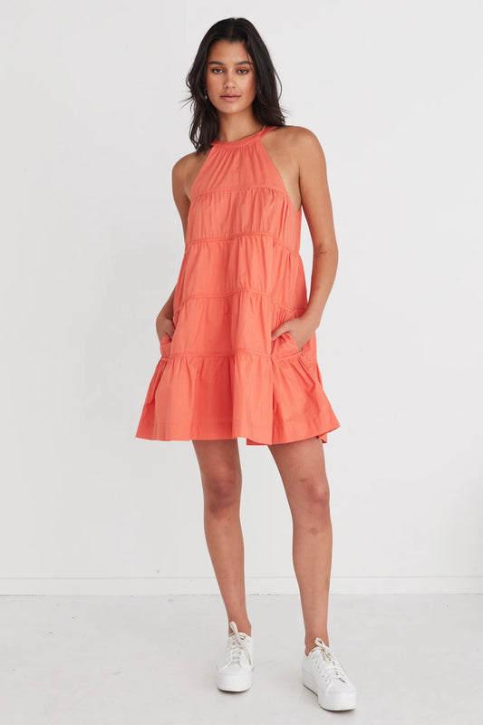 BY ROSA Levitate Watermelon High Neck Tiered Mini Dress