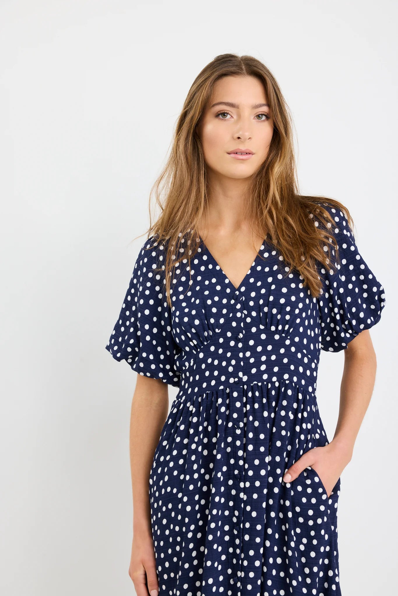 Stories Be Told Lisbon Navy Polka Dot Dress