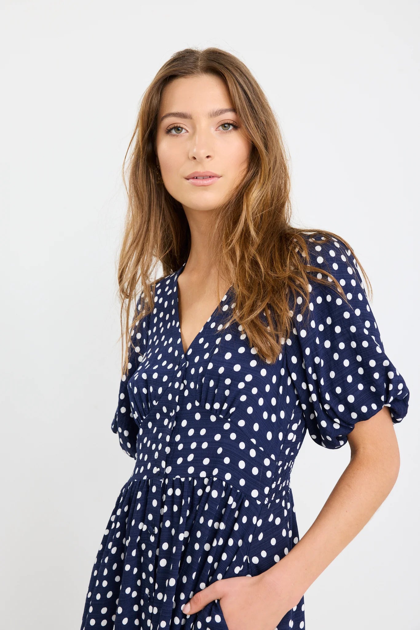 Stories Be Told Lisbon Navy Polka Dot Dress