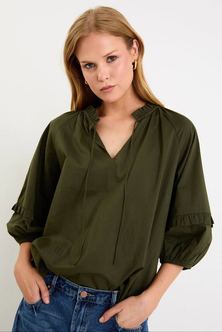 by Rosa Luminary Olive Voile Tie Front SS Top