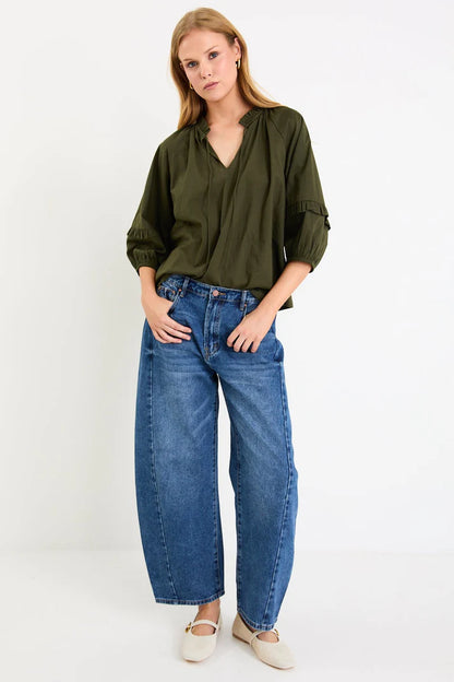 by Rosa Luminary Olive Voile Tie Front SS Top