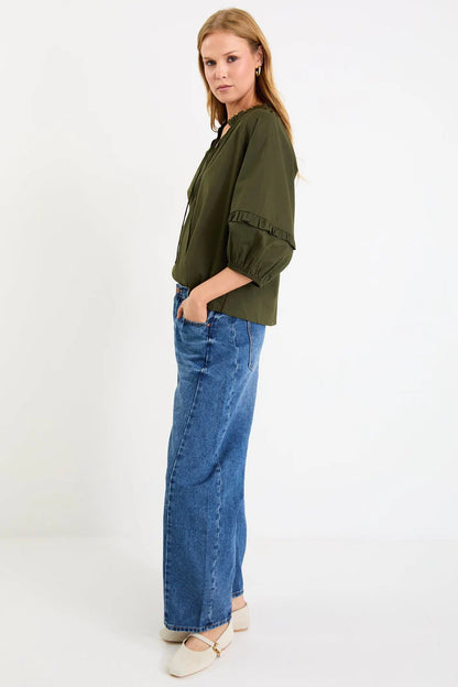 by Rosa Luminary Olive Voile Tie Front SS Top