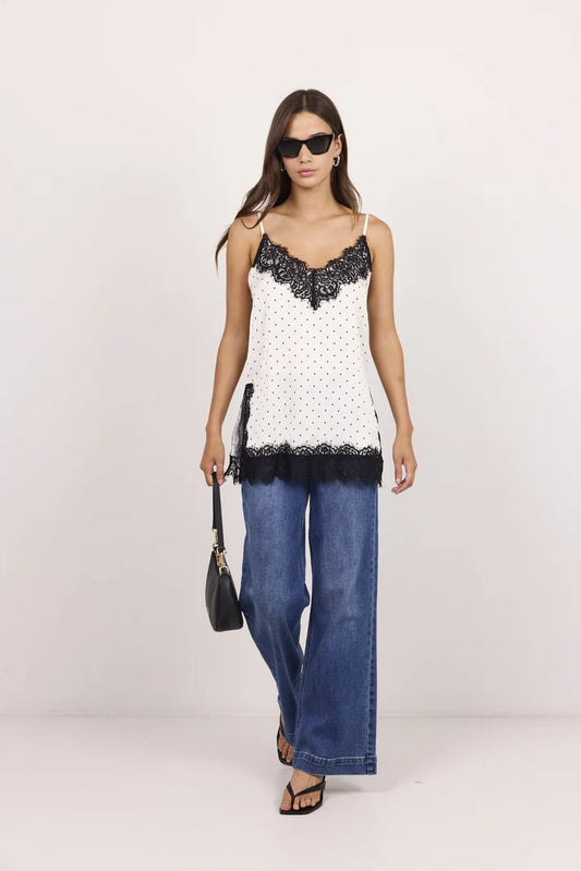 Georgia Zoe Noir Ivory Polka Dot Satin Lace Trim Cami